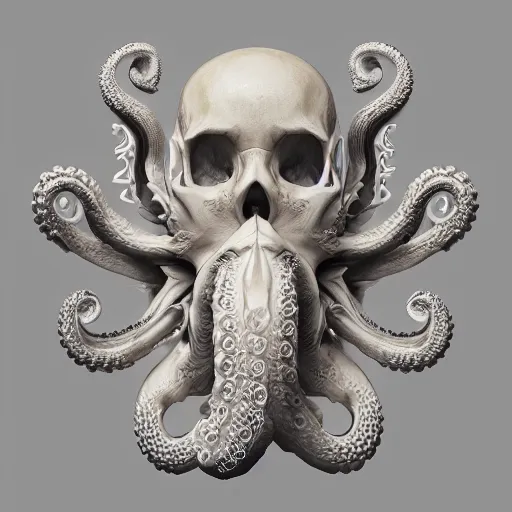 Image similar to ornately carved rococo human skull octopus hybrid, delicate detailed scrimshaw pattern of occult symbols and fractal geometry, tentacles, octane render 4 k, bone and ivory, waxy