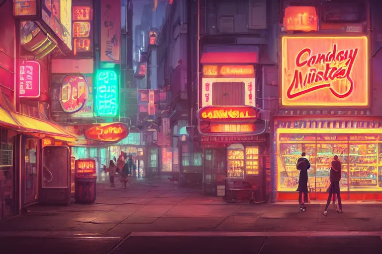 Image similar to A highly detailed matte painting of a single small building, candystore with neonsign by Studio Ghibli, Makoto Shinkai, by Artgerm, by WLOP, by Greg Rutkowski, volumetric lighting, cyberpunk, octane render, 4K resolution, trending on artstation, masterpiece