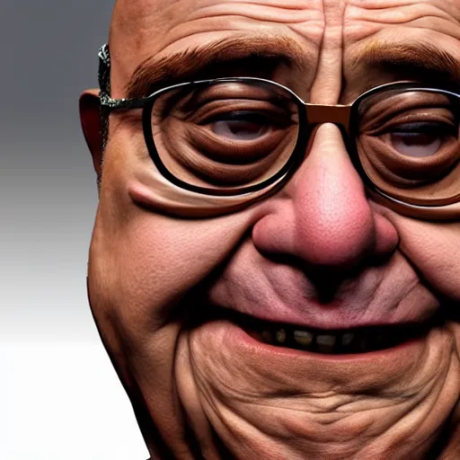 Image similar to hyperrealistic mixed media realistic sculpture of danny devito, stunning 3 d render inspired art by xiang duan and thomas eakes, perfect facial symmetry, hyper realistic texture, realistic, highly detailed attributes and atmosphere, dim volumetric cinematic lighting, 8 k octane detailed render, post - processing, masterpiece,