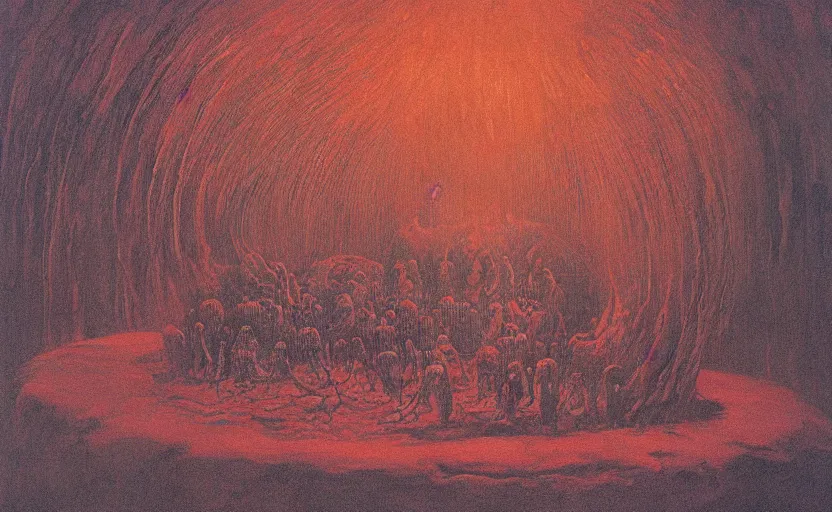 Image similar to A detailed painting of the nine circles of hell made in the style of Beksinski