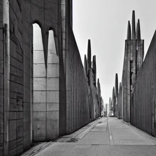 Image similar to exploring the streets of a megalopolis in the style of gothic brutalist architecture