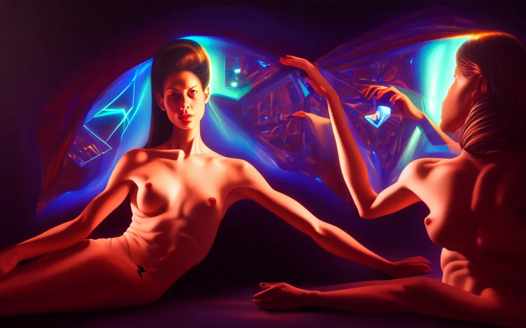 Image similar to Ladies and holograms of alien artifacts, digital displays and holographic projections, projections of , ultrarealistic, dramatic lighting, electrical details, high details, 4k, 8k, best, accurate, trending on artstation, artstation, photorealism, ultrarealistic, digital painting, style of Caravaggio, Boris Vallejo