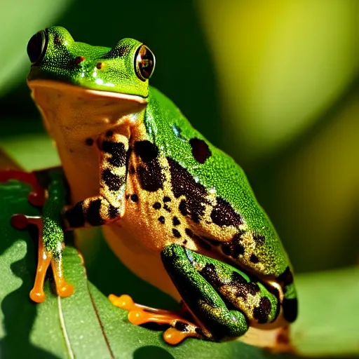Image similar to green - eyed frog, eating dragonflies in the sky, sunny day, golden hour,