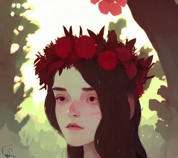 Image similar to portrait of forest godess with cotton flower crown, by atey ghailan, by greg rutkowski, by greg tocchini, by james gilleard, by joe fenton, by kaethe butcher, by ashley wood, dynamic lighting, gradient light red, brown, blonde cream and white color scheme, grunge aesthetic