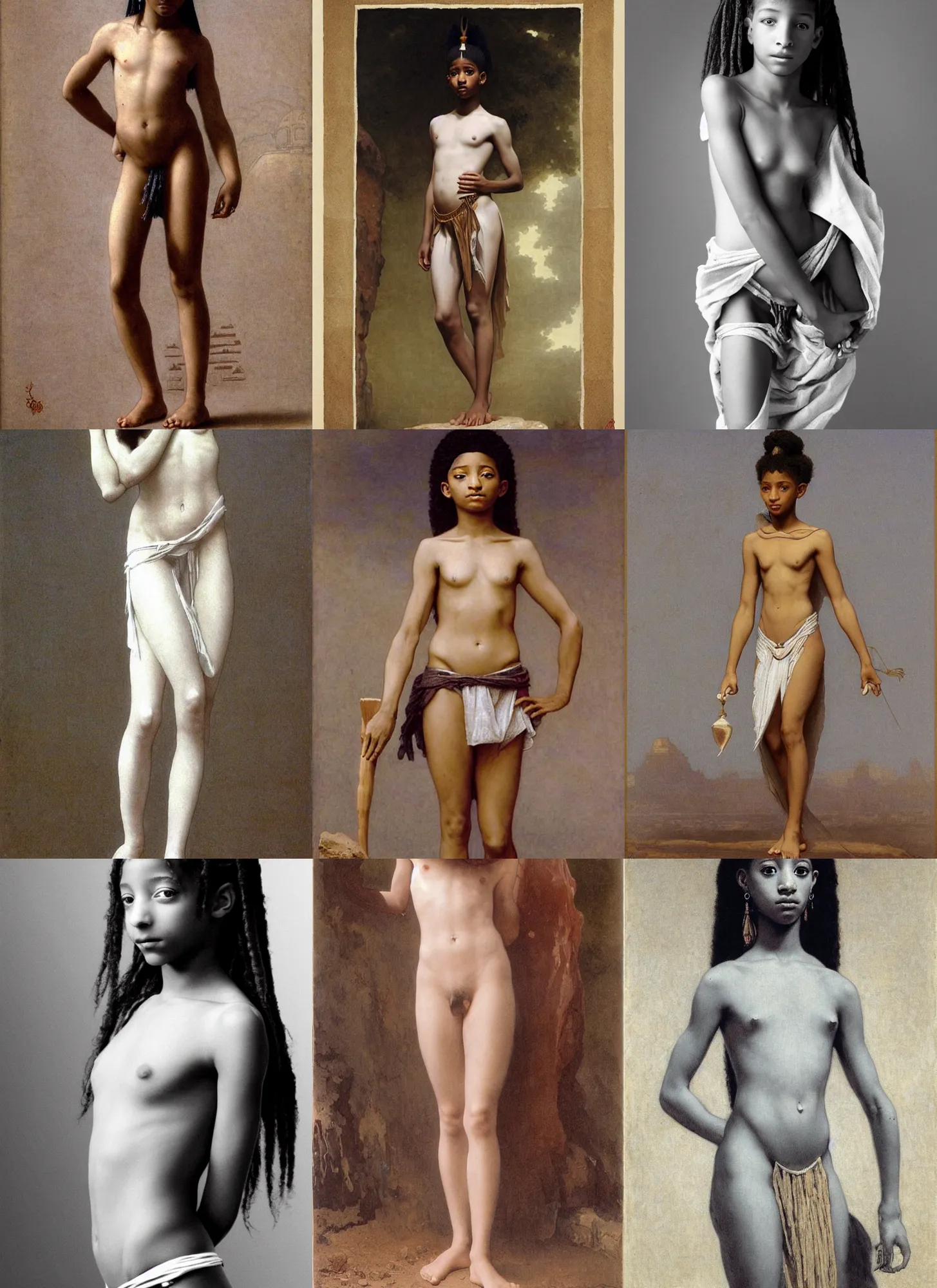 Prompt: willow smith as young egyptian girl, full body, white loincloth, symetrical, grey background, intricate, sharp focus, illustration, orientalism, bouguereau, rutkowski, jurgens