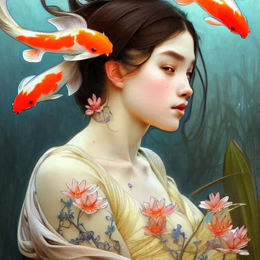 Image similar to Portrait of a girl surrounded by Koi fish, face, fantasy, intricate, elegant, highly detailed, digital painting, artstation, concept art, smooth, sharp focus, illustration, art by Yuhong Ding and Artem Demura and alphonse mucha