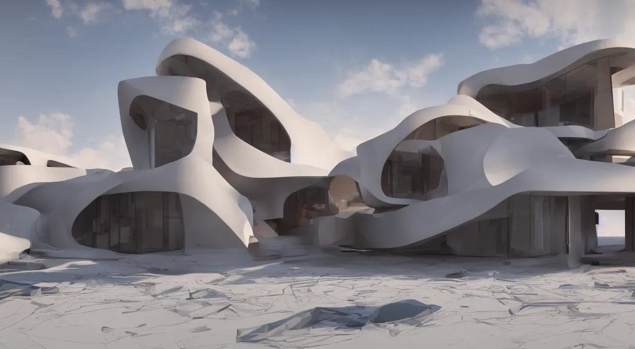 Prompt: a modern house design sitting in the middle of planet mars, unreal engine, zaha hadid, ludwig mies van der rohe architectural designs, strong colors, 4 k