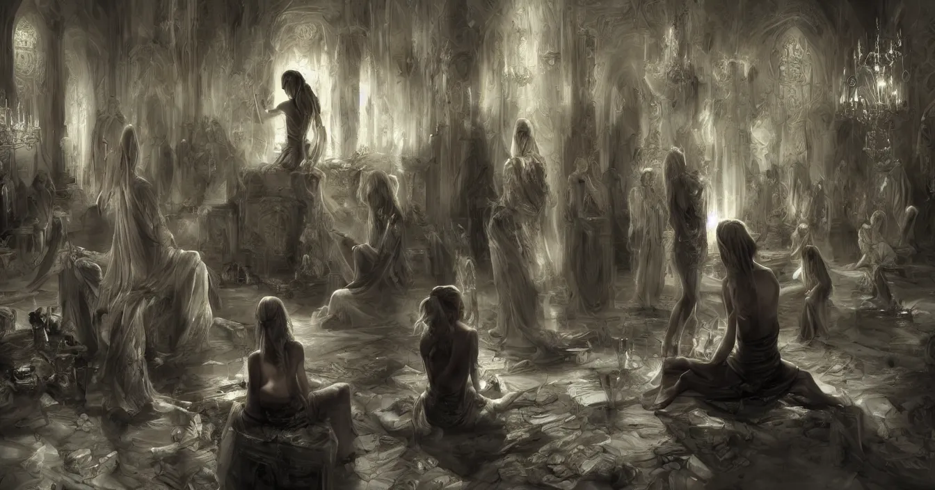 Prompt: rear view of the seated souls watching wise light of consciousness reflecting their lives in pure mirrors of illusions, trapped egos in physical reality, deep sense of spirituality, visual plasticity, in style of bastien lecouffe deharme, quality shaded vray rendered, style of bastien lecouffe deharme