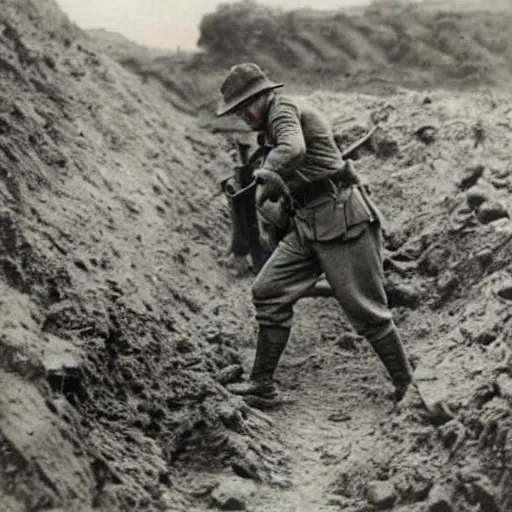 Prompt: gigachad fighting in WW1 trenches