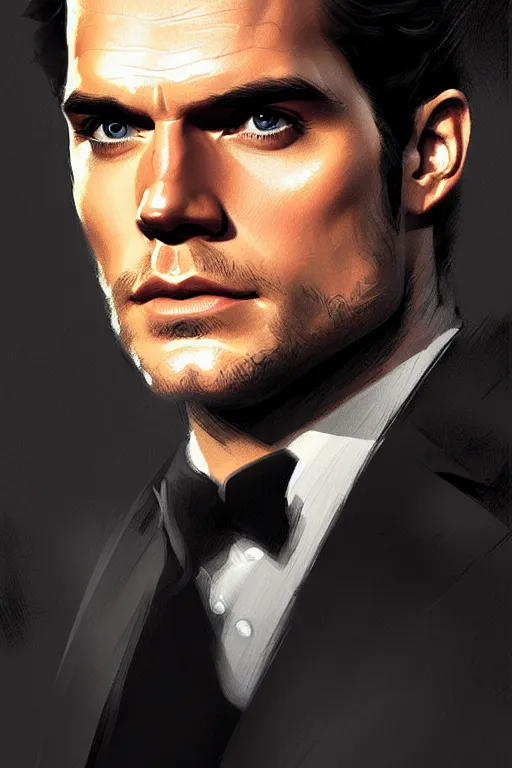 Prompt: portrait of henry cavill as james bond, rifling intro, highly detailed, digital painting, artstation, concept art, cinematic lighting, sharp focus, illustration, art by artgerm and greg rutkowski and alphonse mucha