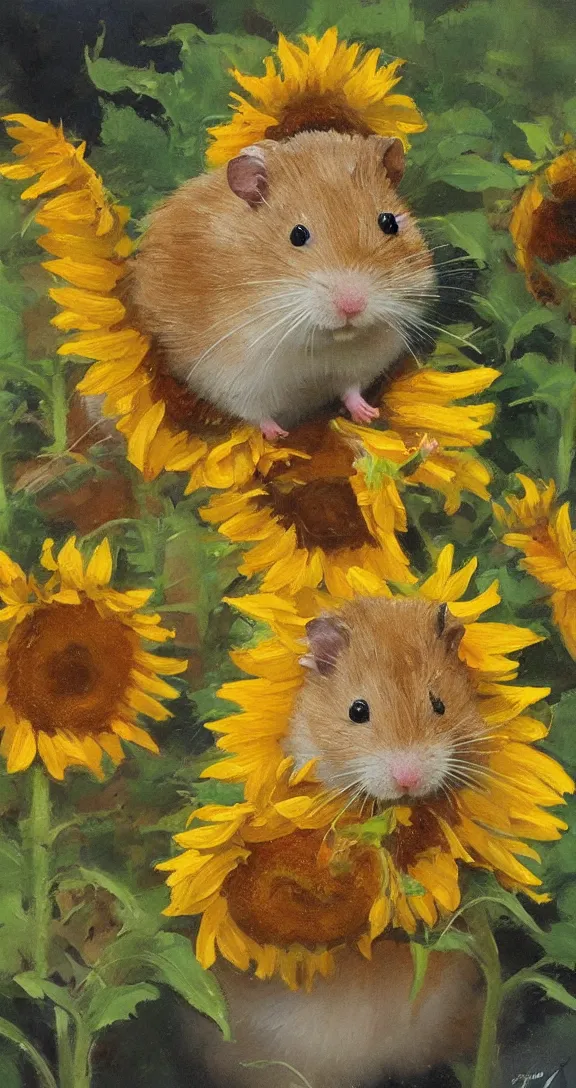 Image similar to a highly detailed beautiful portrait of a cute little hamster surrounded by beautiful sunflowers, by gregory manchess, james gurney, james jean