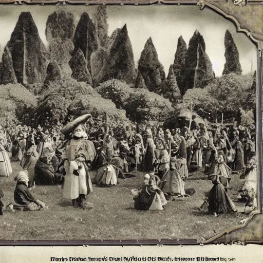 Image similar to a beatiful dwarven festival in 1917 in a fertile green park with surreal elven nature, a gnome rock band concert and dwarven BBQ