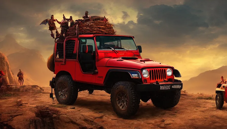 Prompt: red Mahindra thar, tribe members watching nearby, an epic fantasy, dramatic lighting, cinematic, establishing shot, extremely high detail, photorealistic, cinematic lighting, artstation, horizon forbidden west