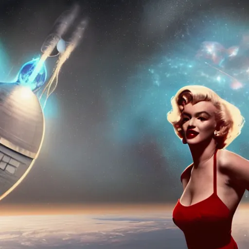 Prompt: surreal marilyn monroe in space, hands around, starship, octane render, trending on artstation, greg rutkowski, cinematic, hyper realism, high detail, octane render, 8k, iridescent accents