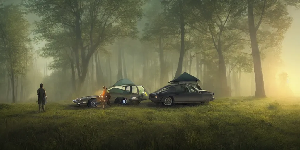 Image similar to knight camping next to green car, elegant scene, low angle, wide angle, indian forest, wide angle, cinematic, ultrarealistic, trending on artstation, cgsociety, highly detailed, color graded, rendered in unreal engine 4 k hq, matte painting, by simon stalenhag and hudson river school, horizon forbidden west