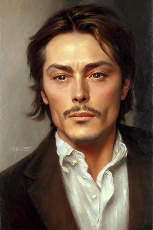 Image similar to portrait en buste alain delon by mark arian, by hughes merle, by pierre auguste cot, perfectly detailed eyes oil on canvas, masterpiece, realism,