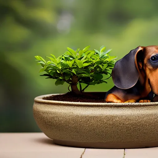 Image similar to Professional photograph of a deformed dachshund growing in a bonsai pot