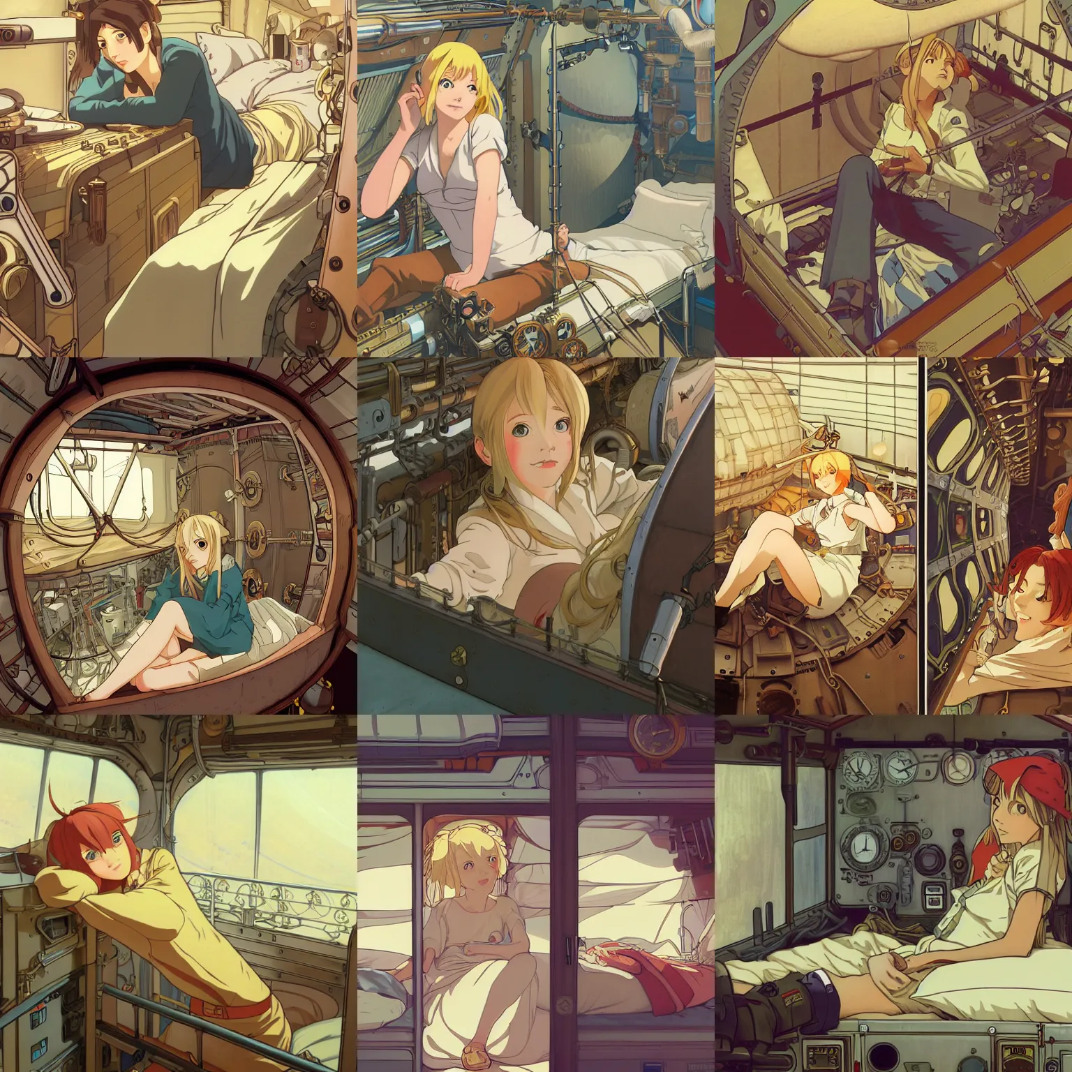 Prompt: Portrait of a blonde female airship mechanic waking up in her cramped bunk, steampunk, highly detailed, illustration, Makoto Shinkai and Studio Ghibli anime screenshot, by Ilya Kuvshinov and Alphonse Mucha