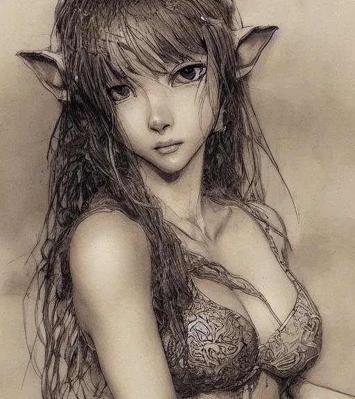 Image similar to portrait of anime elf girl wearing swimsuit, pen and ink, intricate line drawings, by craig mullins, ruan jia, kentaro miura, greg rutkowski, loundraw