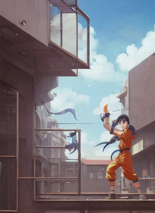 Image similar to highly detailed krillin standing outside building with a window with metal bars and naruto uzumaki with black hair behind them art by greg rutkowski, loish, rhads, ferdinand knab, makoto shinkai and lois van baarle, ilya kuvshinov, rossdraws, tom bagshaw, global illumination, radiant light, detailed and intricate environment