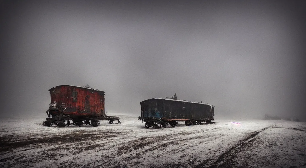 Image similar to “photo color of one biomechanical giant elephant/wagon/mamouth in an arctic storm with fog and blizzard, the mammoth drags old gigantic coal wagons with snow, it's a sunset photo with cold tones, some people around ”