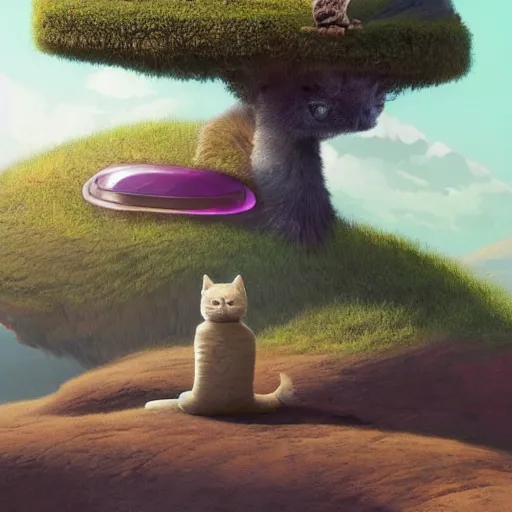 Prompt: one cat zen master meditating on hillside, next to a huge tree head, concept art by chris labrooy, cgsociety, retrofuturism, sci - fi, concept art, futuristic