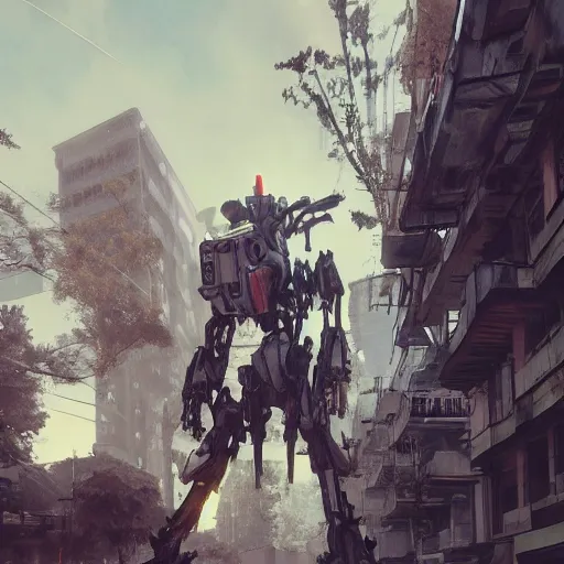 Image similar to six feet tall mech fighting in an urban environment, by gaudi, by ismail inceoglu, octane render, by weta digital, cinematic lighting, bump mapped, lumen reflections, action scene screenshot, epic scale, trending on artstation