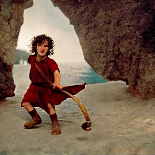 Prompt: frodo baggins destroying the ring in oludeniz, famous photograph, high quality