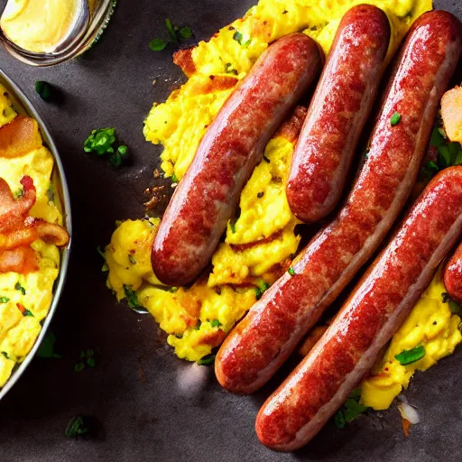 Image similar to bacon sausages scrambled eggs, hyper realistic, award winning food photography