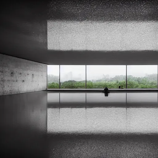 Prompt: upholstered sofas fluorescent ceiling lighting rectangular water pond in a large minimalistic concrete room, a tilt shift photo by leandro erlich, featured on cg society, kitsch movement, hall of mirrors, high dynamic range, studio portrait