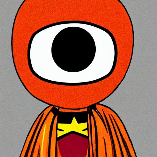 Image similar to an orange fruit character, little black eyes, wearing a superhero cape