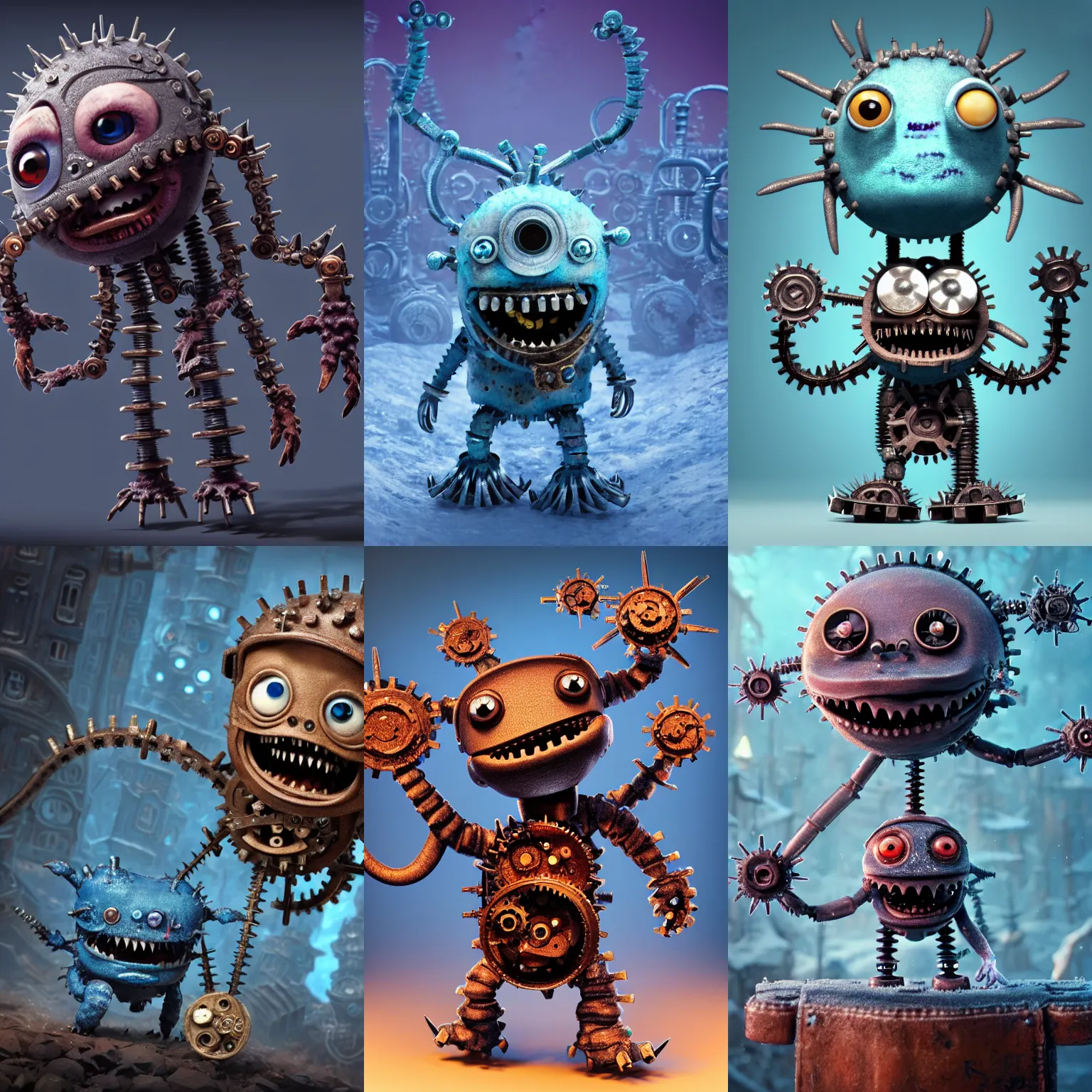 Prompt: a tiny cute frostpunk monster with cogs and screws and big eyes smiling and waving, back view, isometric 3d, ultra hd, character design by Mark Ryden and Pixar and Hayao Miyazaki, unreal 5, DAZ, hyperrealistic, octane render, cosplay, RPG portrait, dynamic lighting, intricate detail, summer vibrancy, cinematic