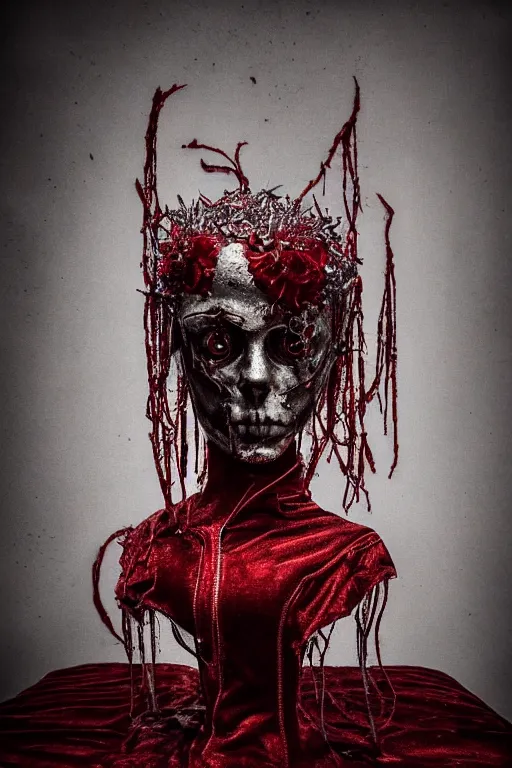 Image similar to russian matrioska made with chrome, metallic sculpture, layed on a red velvet fabric, by hedi xandt and emil melmoth, macabre art, dark surrealism, epic and cinematic view, volummetric light, texturized, detailed, 8 k