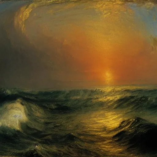 Prompt: latlong image of stormy ocean at sunset by turner