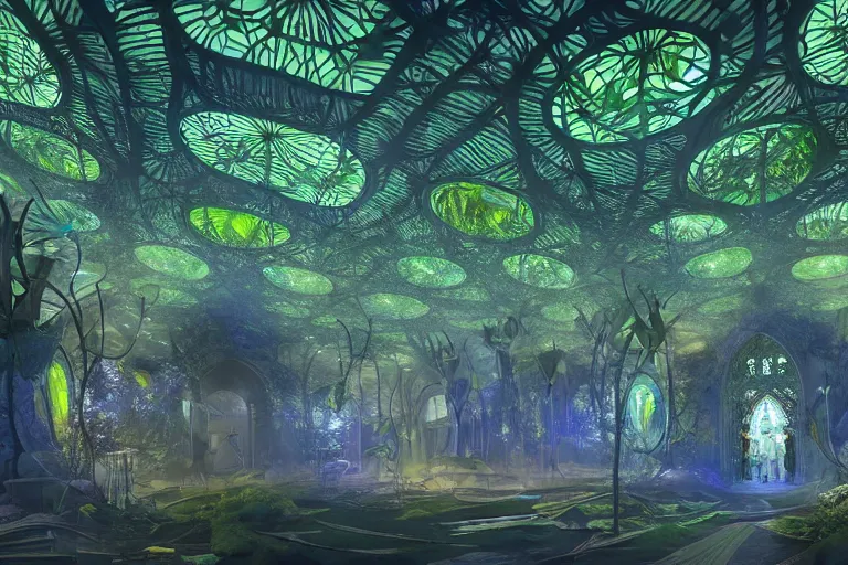 Image similar to futuristic foliage overgrowing detailed favela bioluminescence bunker hive, art nouveau environment, cathedral, award winning art, epic dreamlike fantasy landscape, ultra realistic,