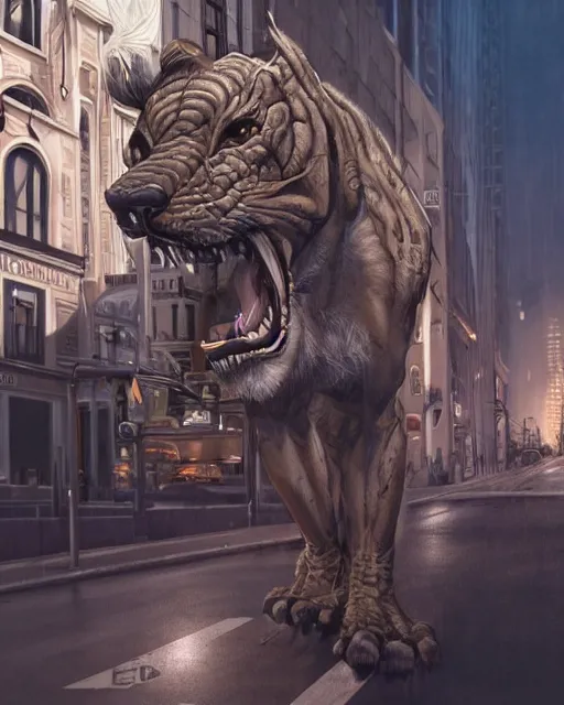 Image similar to wild beast in city streets, dramatic lighting, very detailed, electrical details, high details, 4k, 8k, trending on artstation, by Hajime Sorayama and Paolo Eleuteri Serpieri