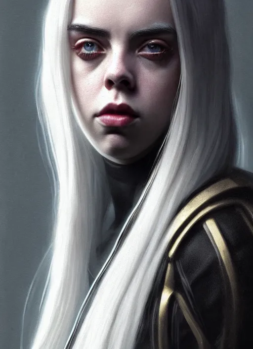 Image similar to Billie Eilish as female loki by, hyper detail, hyper realistic, octane render, noir, gorgeous symmetrical face, elegant, intricate, studio lighting, by Greg rutkowski