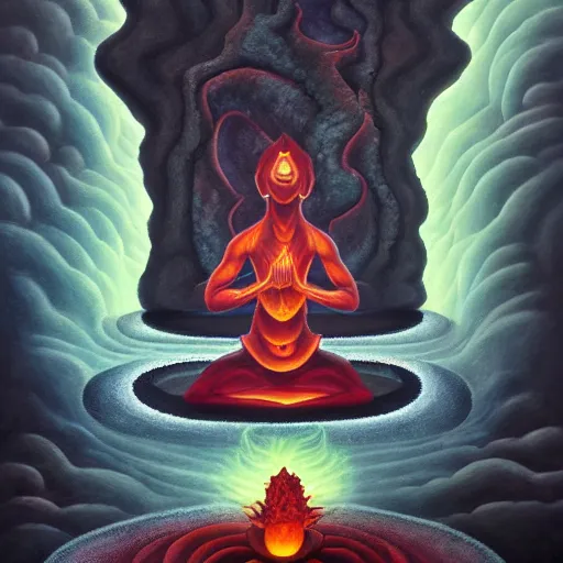 Image similar to a demon meditating near a zen garden with a lava waterfall in hell and opening a portal to heaven by amanda sage and anton semenov and Anato Finnstark, oil on canvas 8k, dramatic lighting