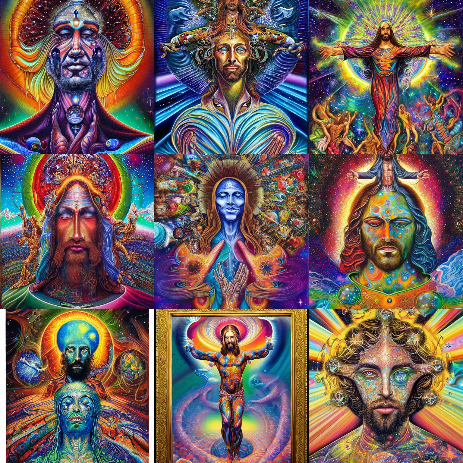 Prompt: cosmic christ painting by android jones, aaron brooks, chris dyer, and alex grey