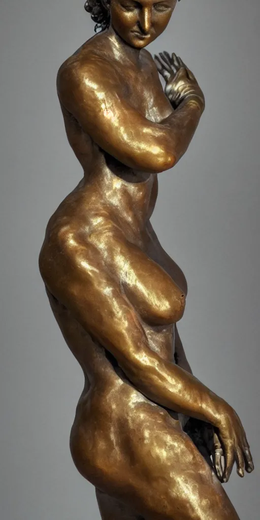 Image similar to detailed photo of sweet old bronze patina statue of most beautiful woman, full body portrait, various bending poses, photorealism, intricate detail, museum diffuse lighting