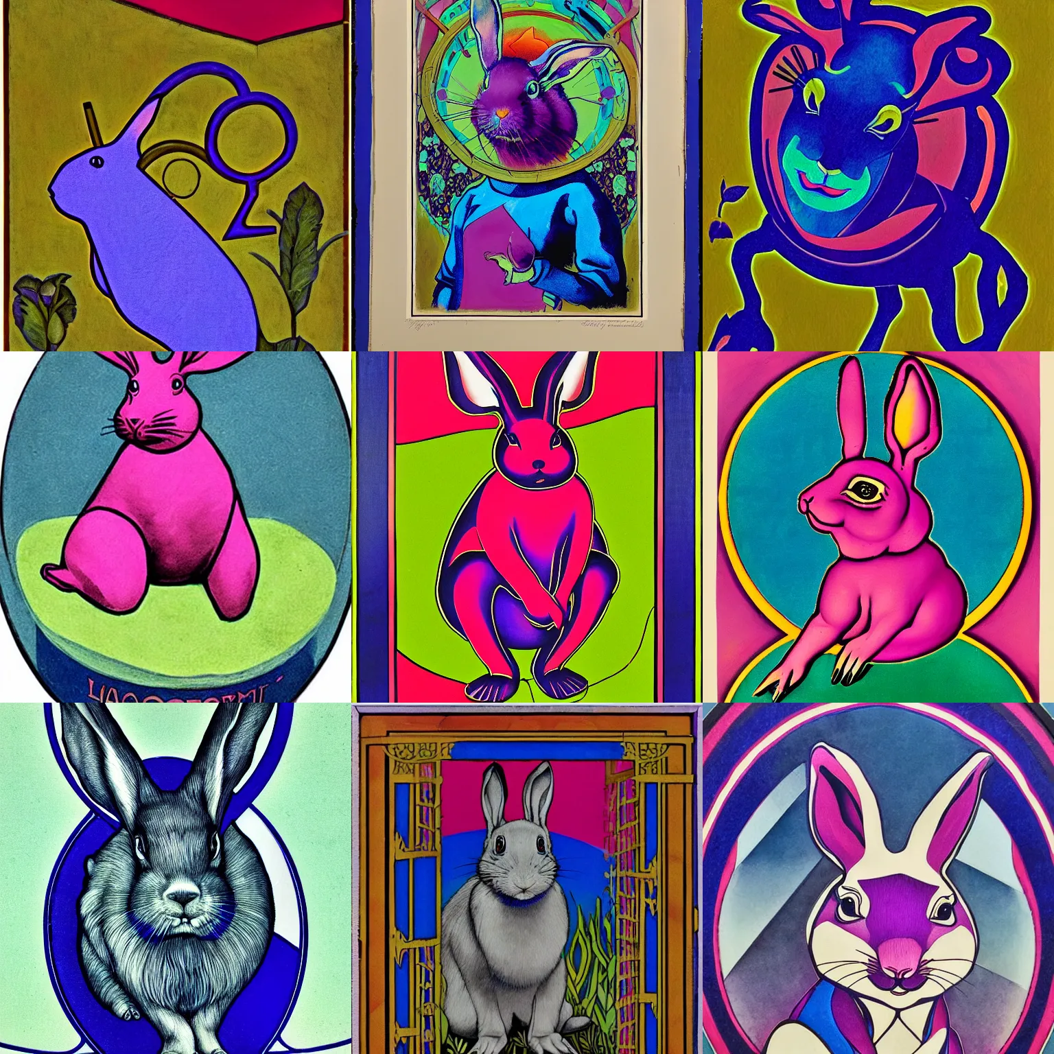 Prompt: magical realist portrait of lagomorph ( 1 9 2 3 ), quinacridone magenta, titanium white, cobalt blue, strathmore 2 0 0 art nouveau inks, chiaroscuro, luminous