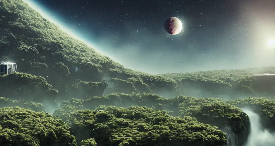 Prompt: planet overgrown with wax moon and visible cheese planets in the sky, waterfalls, hanging houses and floating mountains, rectilinear, barometric projection, dutch angle from space view, concept art, high detail, intimidating, deep rich colors, iridescent radiance, epic scale ultrawide angle, stunning, epic, cinematic, Artstation trending, octane render, hyperrealistic, Cryengine 8k UHD