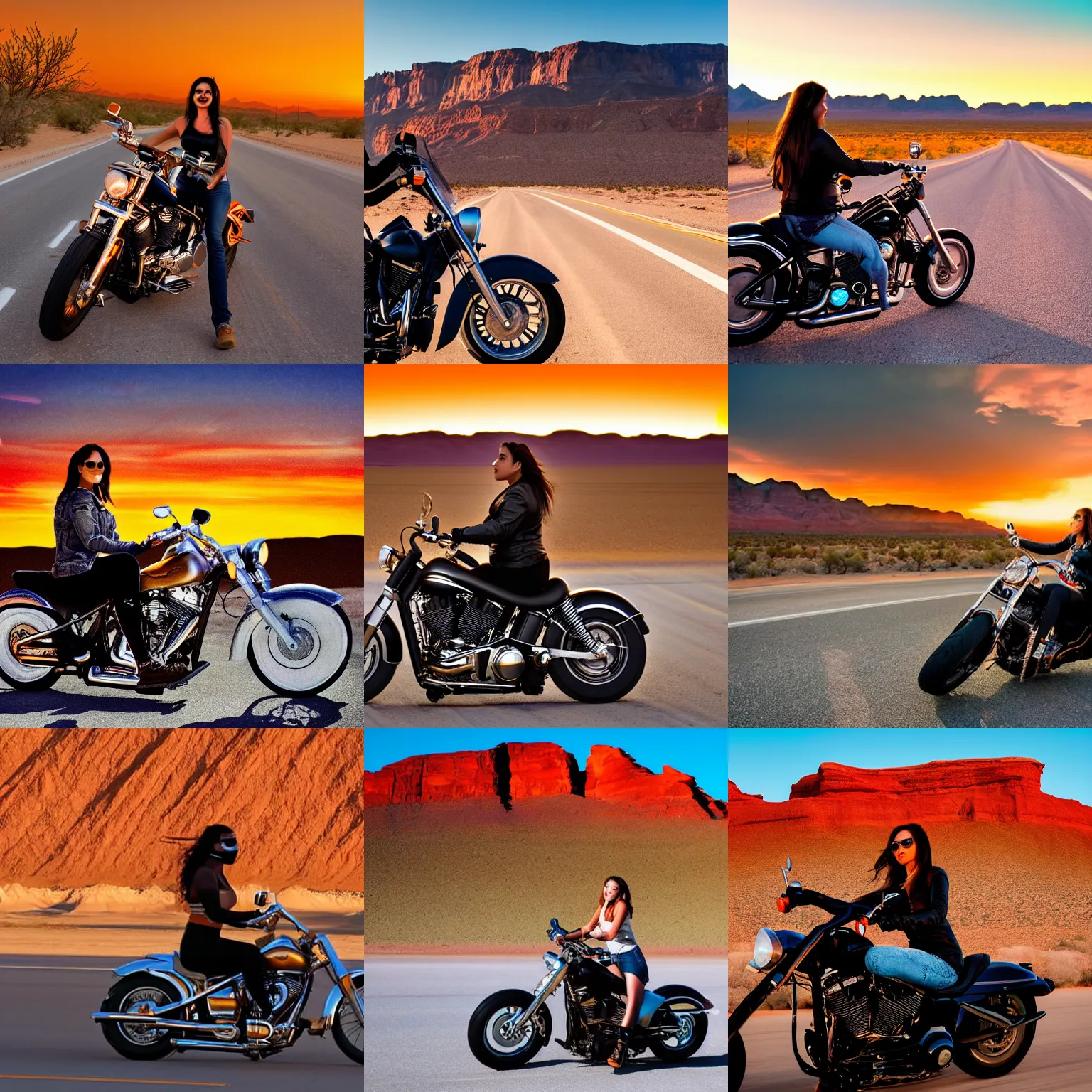 Prompt: a profile of an attractive woman riding a harley davidson chopper down a lonely desert highway, mesa, sunsets in background center