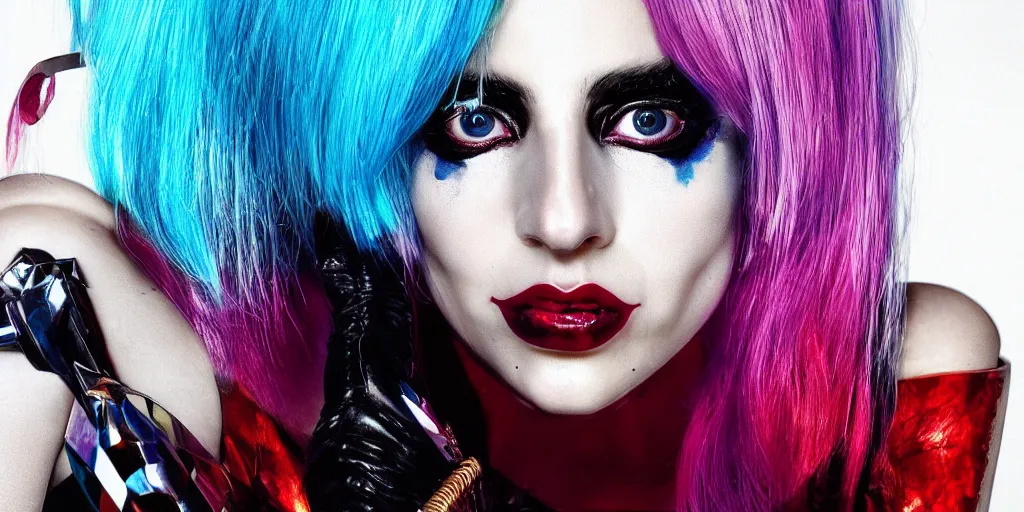 Prompt: lady gaga is harley quinn, volumetric lighting, beautiful, golden hour, sharp focus, ultra detailed, cgsociety