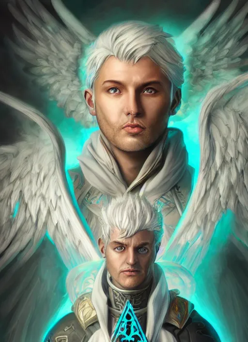 Prompt: An epic fantastic realism comic book style portrait painting of a male hexblade warlock aasimar, beautiful angel wings, teal energy surrounding body, silver hair, middle aged, Apex Legends Concept Art, unreal 5, DAZ, hyperrealistic, octane render, cosplay, RPG portrait, dynamic lighting