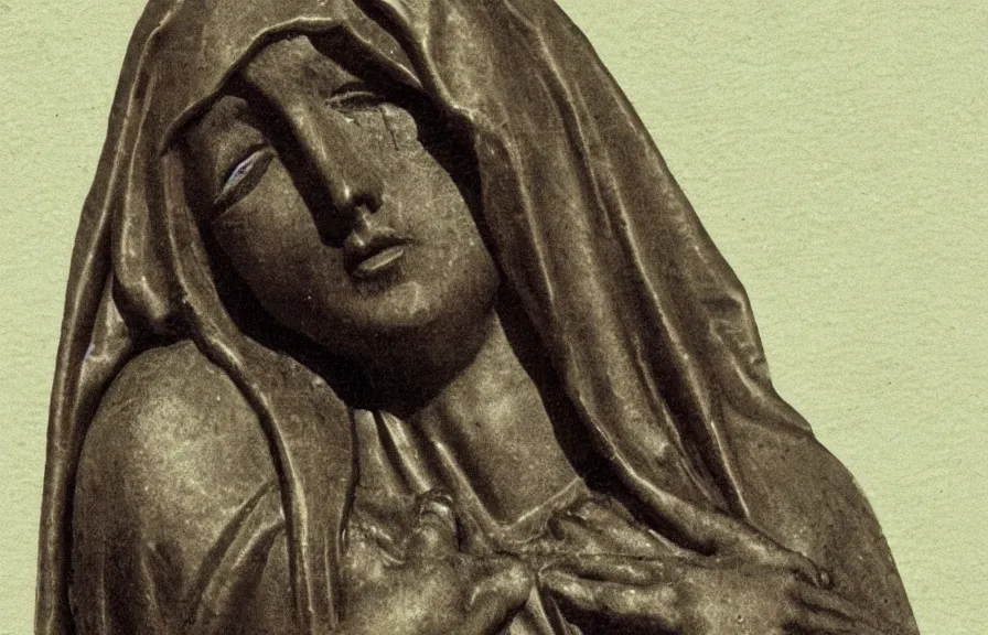 Image similar to statue of mother mary crying blood, grainy vintage photograph