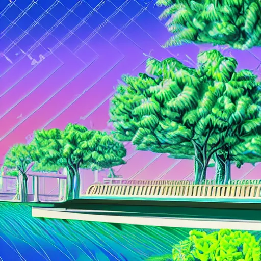 Image similar to art deco vaporwave illustration of a park with trees, benches, and a water feature, in a futuristic pastel city