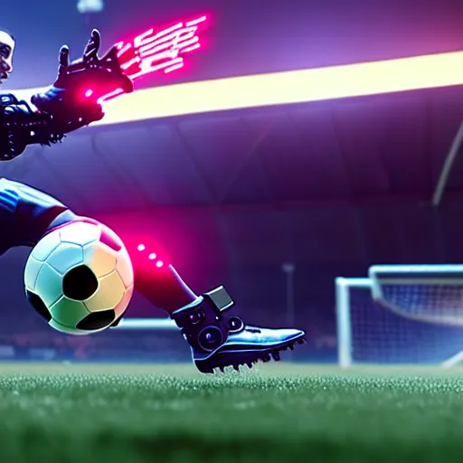 Image similar to a cyberpunk cyborg kicking a soccer ball in a soccer game, hyperrealistic, unreal engine, 4 k, 3 d