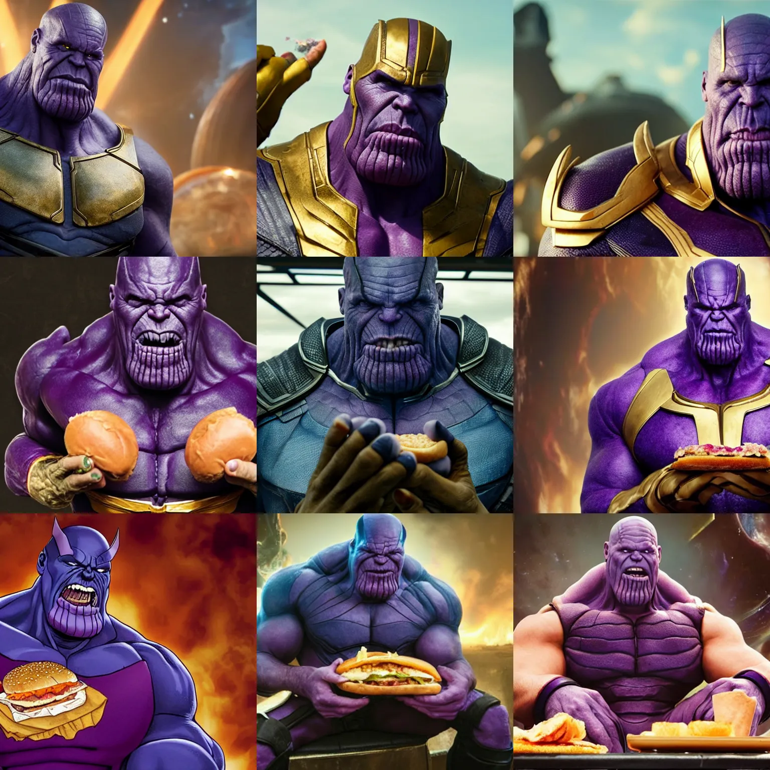 Prompt: Thanos from the MCU sitting down and eating a hamburger with his mouth full, photograph