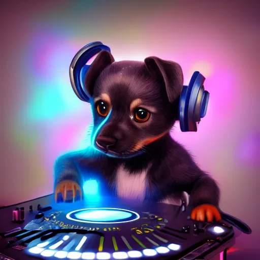 Image similar to puppy as a DJ, 8k, fantasy, intricate, cinematic lighting, highly detailed, digital painting, artstation, concept art, smooth, sharp focus, illustration, by Pixar